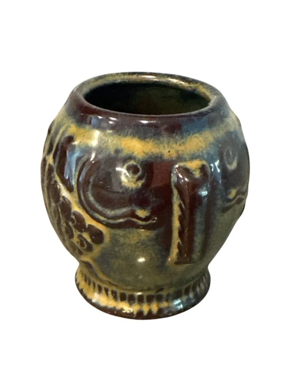 Vintage Canadian Art Pottery Glazed Ceramic Vase Embossed Elephant Signed